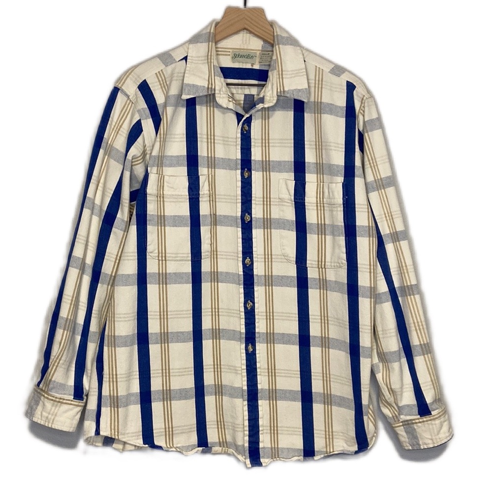 Vintage St. John's Bay Canvas Plaid Button Down Shacket Large Cotton Cream Blue